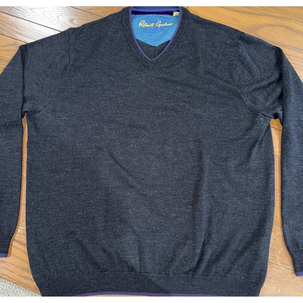 Robert Graham Men's Size XL Gray 100% Wool V-Neck Long Sleeve Preppy Sweater